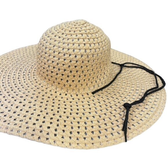 Straw Sun Hat Wide Brim Natural Black Strap Beach Pool Vacation Travel Cruise OS - Picture 3 of 8